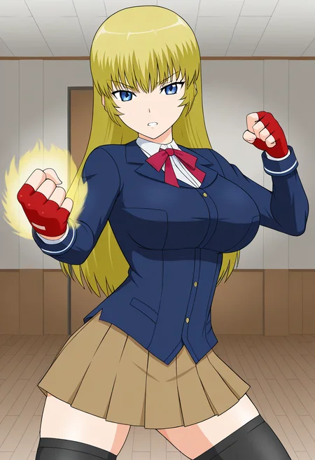 1girl, solo, ryusenkarenplutocrat, blonde hair, long hair, blue eyes, blazer, shirt, large breasts, neck ribbon, fingerless gloves, skirt, thighhighs, indoors, fighting stance, glowing fist, cowboy shot, serious, teeth,