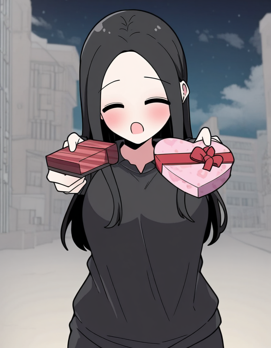 masterpiece, best quality, newest, absurdres, highres, safe,, <lora:yoo-jae-kyung-manhwa-illustriousxl-lora-nochekaiser:1>, yoo jae-kyung, long hair, large breasts, black hair, closed eyes, forehead,, <lora:heart-shaped-box-ponyxl-lora-nochekaiser:1>, heart-shaped box, holding, box, gift, valentine, incoming gift, closed eyes, blush, open mouth, outstretched arms, outdoors, night sky, clouds, shouting,, , cowboy shot, solo