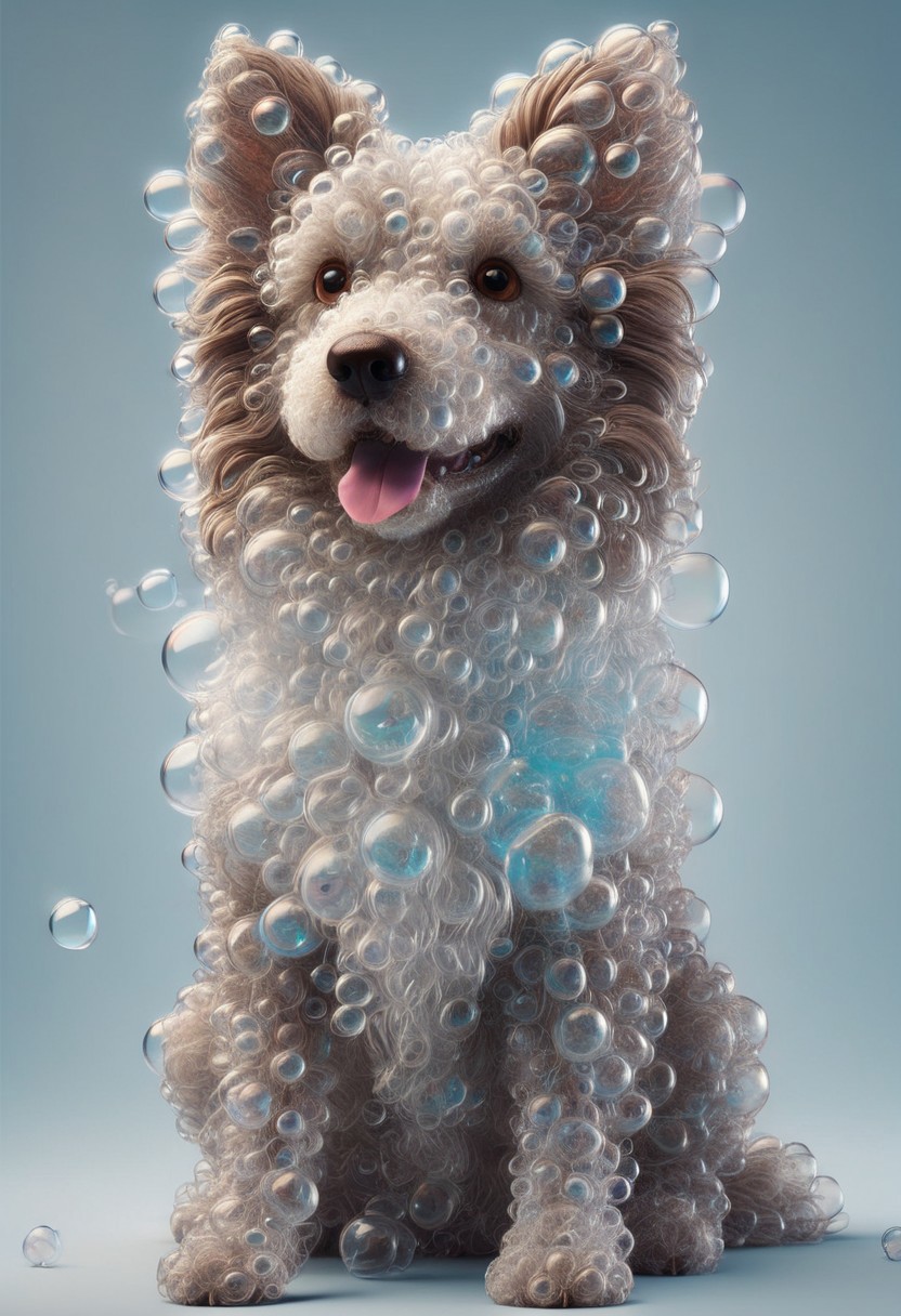 4k, realistic, fluffy hair, dark brown dog, happy look, light blue background ,full of Soap bubbles, colorful bubbles, bright bubbles,floating,