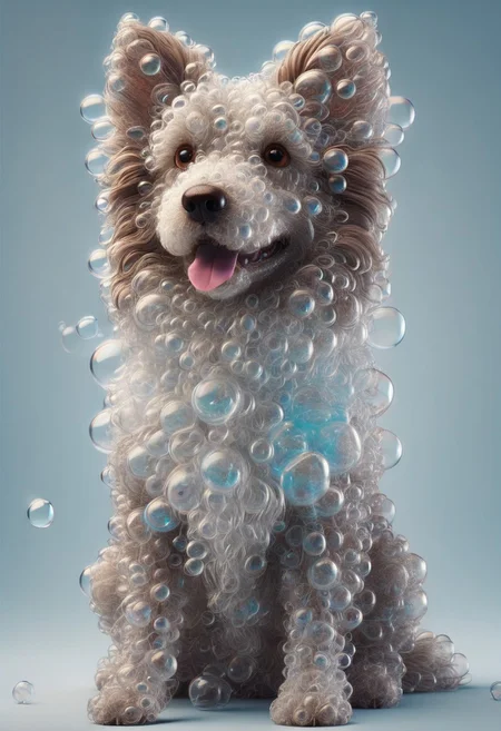 4k, realistic, fluffy hair, dark brown dog, happy look, light blue background ,full of Soap bubbles, colorful bubbles, bright bubbles,floating,