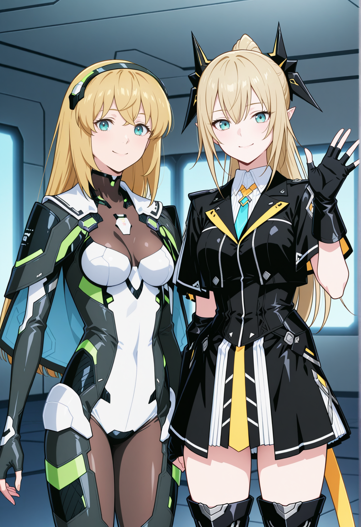 anime screencap, anime coloring, 2girls, sisters, cowboy shot, take your pick, indoors, science fiction,  1girl, blonde hair, aqua eyes, long hair, diadem, bodysuit, fingerless gloves, capelet, shoulder pads  smile, waving
BREAK
anime screencap, anime coloring, 2girls, sisters, cowboy shot, take your pick, indoors, science fiction,  armored boots, 1girl, blonde hair, aqua eyes, long hair, hair ornament, pointy ears, official alternate costume, short dress, fingerless gloves, ponytail, looking at viewer, smile, waving  <lora:Manon_pso:0.8>, masterpiece, best quality, amazing quality, very aesthetic, absurdres, highres, newest