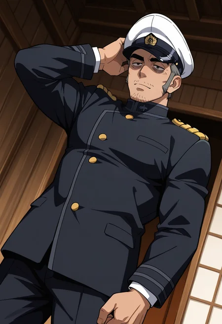 score_9, score_8_up, score_7_up, score_6_up, perfect anatomy, perfect proportions, best quality, masterpiece, high_resolution, high quality, highres, bara, 1boy, solo focus, solo, mature, masculine, manly, hunk, virile, handsome, charming, alluring, source_anime, anime coloringupper body, dutch angle, cowboy shot, BREAK GKToshiyuki, two-tone hair, black/grey hair, short hair, black eyes, thick eyebrows. bags under eyes, long sideburns, facial hair, stubble, GKToshiyuki, two-tone hair, black/grey hair, short hair, black eyes, thick eyebrows. bags under eyes, long sideburns, facial hair, stubble, Toshiyuki_outfit01, Abashiri Prison jailer uniform, (black tunic jacket, black jacket), epaulettes, (black pants), white peaked cap, two-tone peaked cap, simple background, single hand scratch own head, Abashiri Prison jailer, wooden building, dark atmosphere, dark background, low angle, from below