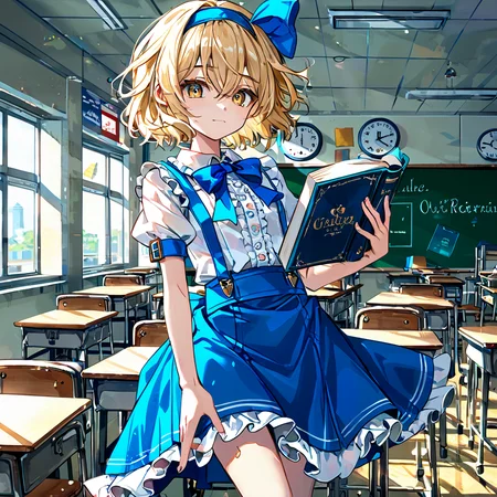 zPDXL2,score_9, score_8_up, score_7_up, <lora:alice98:1>,1girl,alice98, blonde_hair,yellow eyes,short hair,blue_bow,blue_hairband,hair_ribbon,bow,clothes,frills,shirt,sleeve,short_sleeves,suspenders,suspender skirt,classroom,book,