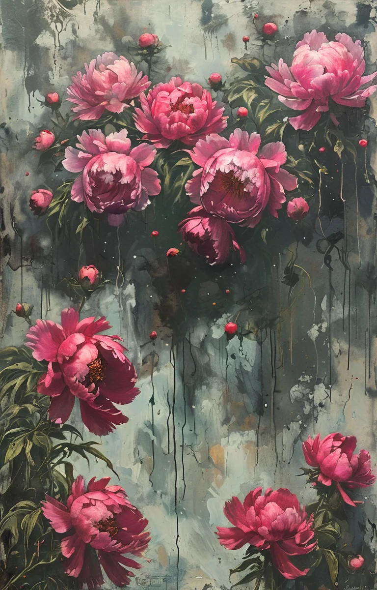 masterpiece,best quality,<lora:tbh223-sdxl:0.9>,illustration,style of Greg Capullo, decaying peonies