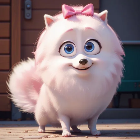 score_9, score_8_up, score_8, score_7, source_cartoon, Gidget(TSLoP), Solo, 1girl, feral, dog, pomeranian, white fur, fluffy fur, blue eyes, fluffy tail, black nose, pink hair bow, full body, looking at viewer, standing, smile, looking at viewer,
