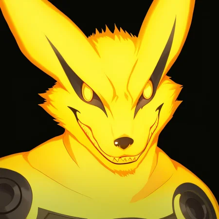 score_9, score_8_up, score_7_up, 1boy, solo, Expressiveh, (TBMKurama, male fox, anthro, yellow body, glowing body, yellow eyes, no pupils, sharp teeth, smile, closed mouth), close-up, upper body, portrait, black background, simple background, 4k, masterpiece, best quality, highly detailed, realistic, uncensored, persona