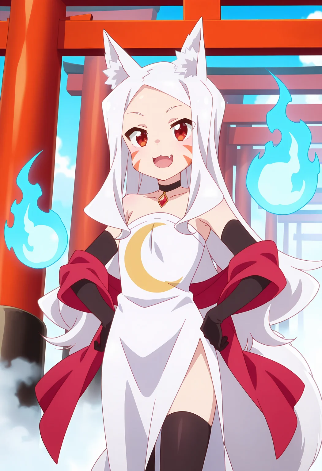 anime screencap, masterpiece, best quality,
<lora:SewayakiKitsune_Shiro_IlluXL:0.9>,
1girl, solo, open mouth, smile, :3, fang,
white hair, long hair, parted bangs, forehead, red eyes, whisker markings, fox ears, fox tail,
black choker, red gemstone, strapless dress, white dress, crescent print, red shawl, elbow gloves, black gloves, black thighhighs,
hands on own hips, standing, looking at viewer, cowboy shot,
gradient background, multiple torii, hitodama, cloud, xiangyun, fog