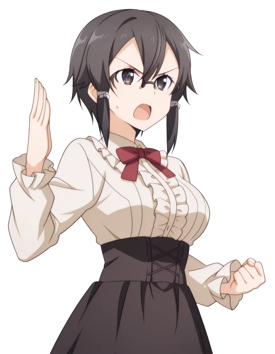 masterpiece, best quality, amazing quality,, <lora:shino-asada-s2-illustriousxl-lora-nochekaiser:1>, shino asada, hair between eyes, short hair, sidelocks, black eyes, black hair, glasses, hair ribbon, mature female, breasts, anime screencap, <lora:virgin-killer-outfit-illustriousxl-lora-nochekaiser:1>, virgin killer outfit, meme attire, high-waist skirt, center frills, frilled shirt, underbust, aran sweater, frilled shirt collar, red bowtie, frills, skirt,, <lora:kung-fu-illustriousxl-lora-nochekaiser:1>, kung fu, martial arts, training, fighting stance, cowboy shot, hand up, angry, open mouth, <lora:transparent-background-illustriousxl-lora-nochekaiser:1>, transparent background, simple background, white background, ,