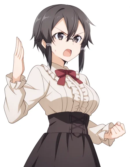 masterpiece, best quality, amazing quality,, <lora:shino-asada-s2-illustriousxl-lora-nochekaiser:1>, shino asada, hair between eyes, short hair, sidelocks, black eyes, black hair, glasses, hair ribbon, mature female, breasts, anime screencap, <lora:virgin-killer-outfit-illustriousxl-lora-nochekaiser:1>, virgin killer outfit, meme attire, high-waist skirt, center frills, frilled shirt, underbust, aran sweater, frilled shirt collar, red bowtie, frills, skirt,, <lora:kung-fu-illustriousxl-lora-nochekaiser:1>, kung fu, martial arts, training, fighting stance, cowboy shot, hand up, angry, open mouth, <lora:transparent-background-illustriousxl-lora-nochekaiser:1>, transparent background, simple background, white background, ,