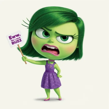 Disgust char, Disgust, Disgust Inside Out 2, 1girl, Shortstack, green skin, green hair, Dress, disgust expression, annoyed, holding a sign “ewww, like I need buzz”