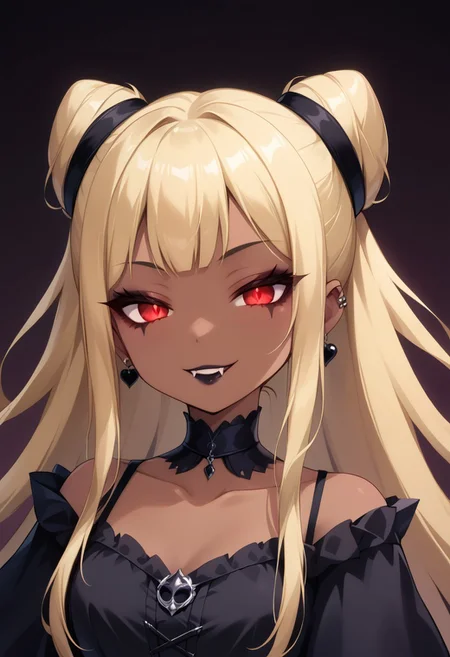 score_9, score_8_up, score_7_up, score_6_up, (haaru),concept art, digital artwork, highly detailed, sharp focus, portrait, okyannp5x, dark skinned woman, blonde hair, double bun, very long hair, <lora:princess_xl_v2:0.3>, <lora:VampirePonyLora:0.9> vampire, red eyes, glowing eyes, fangs, <lora:Gothic:1>, GothicC, makeup, black lipstick, mascara, black nails, gothic dress, black dress, red dress, covered shoulders, fishnet, half closed eyes, smug, evil smile, dark background