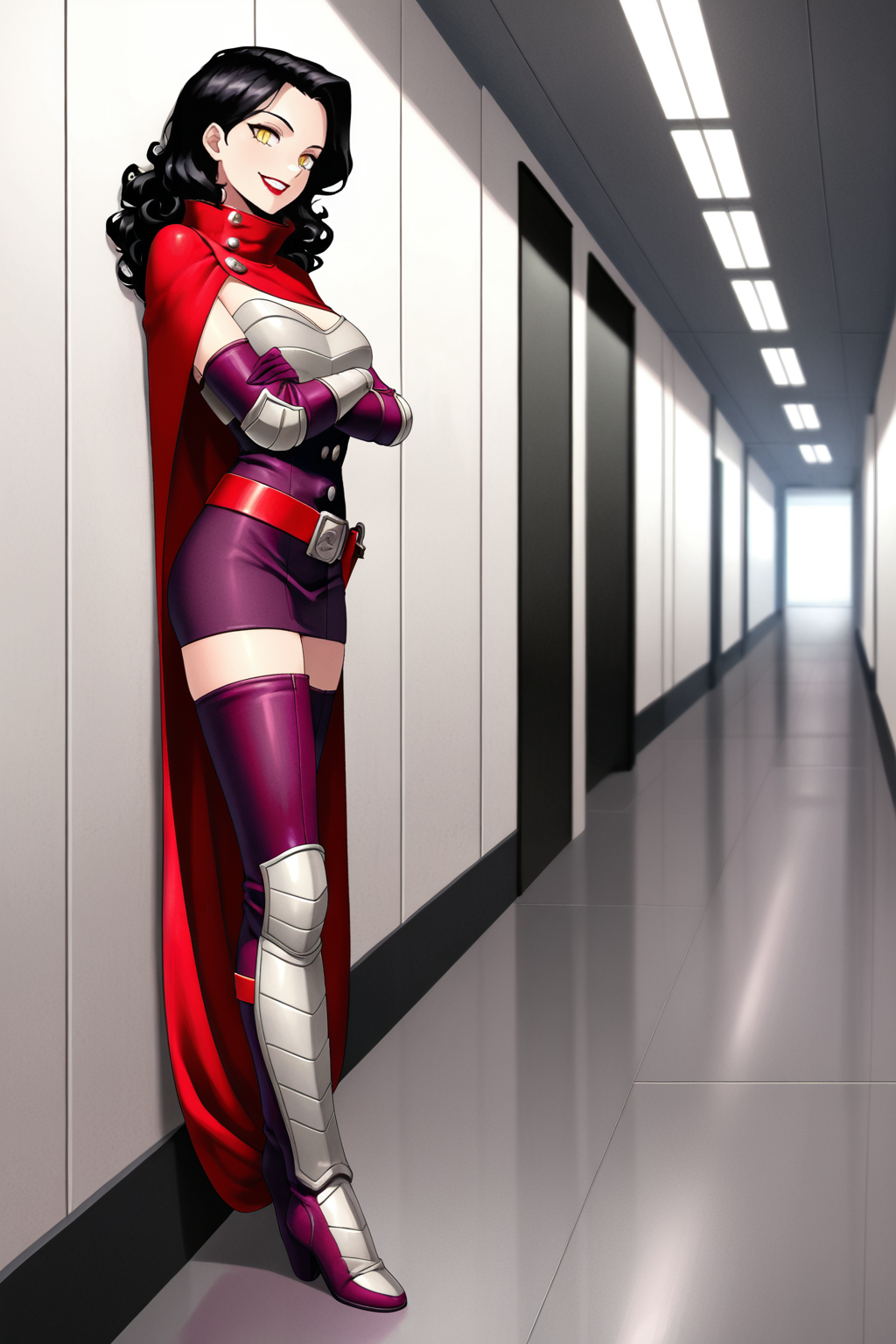 masterpiece, best quality, amazing quality, very aesthetic, absurdres, newest, SMTHEROI, 1girl, mature female, solo, medium curly hair, long hair, black hair, yellow eyes, slit pupils, red lipstick, red neck armor, (red short cape, high folded collar, buttons), grey breastplate, purple strapless dress, purple elbow gloves, grey elbow pads, red belt, holster, (purple thigh boots, grey shin guards), smile, teeth, looking at viewer, full body, corporate building background, indoors, long dark hallway, arms crossed, arms folded, side view, from the side, ((foot against wall)), back against wall, tilted head, slender legs, skinny, long legs