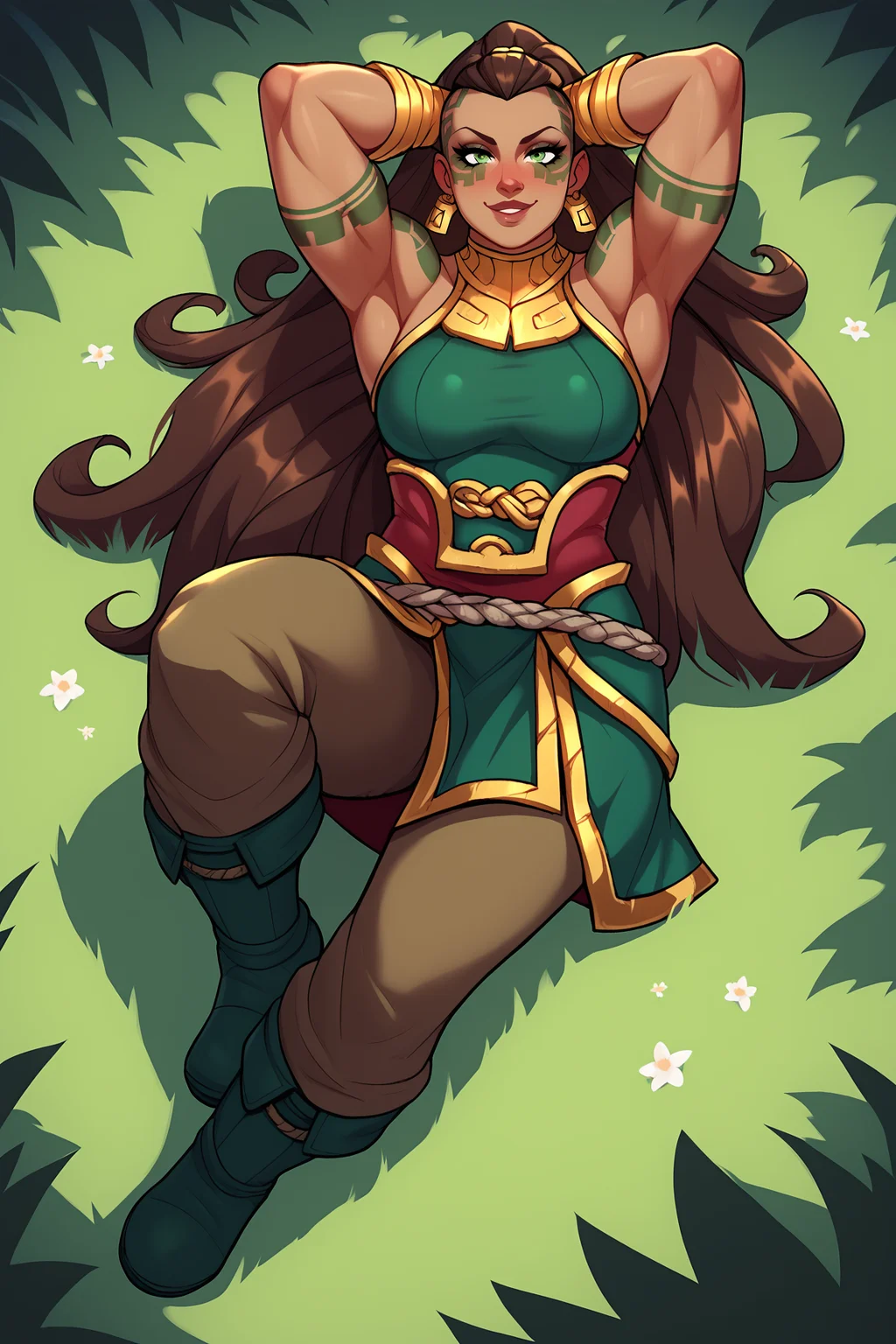 score_9, score_8_up, score_7_up, score_6_up, BREAK, IllaoiLoLXL, dark skin, colored skin, facial tattoo, tattoo, green eyes, brown hair, long hair, hair pulled back, dreadlocks, ponytail, hair ornament, earrings, muscular female, medium breasts, gold armor, bare shoulders, green dress, bracelet, (red skirt), belt rope, brown pants, black boots, solo, full body, lying on grass, arms behind head, seductive smile, looking at viewer, naughty face, nose blush, forest <lora:IllaoiLoLXL:0.9>