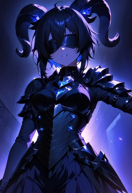 Prompt: (score_9), (score_8_up), (score_7_up), masterpiece, source_anime, best quality, perfect anatomy, very aesthetic, absurdres, Zyrnox-Exoterra Style, 1girl, two goat horns, goat girl, armor, blindfold, dark lighting, dark atmosphere, dark lights, dynamic lighting