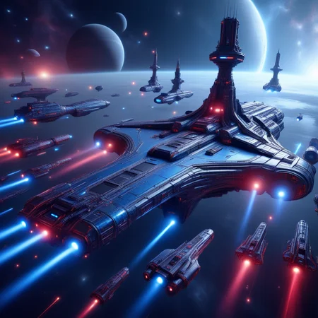 glowing blue lights outlining its structure, metallic textures and glowing blue lights. The spacecraft is prominently placed in the foreground, pulsing lights, with its long, resembling a sleek, and a central tower. The station is dark gray with glowing blue lights and red accents, metallic textures and a complex design featuring multiple levels, futuristic space scene. The image depicts a massive, imposing capital ships with sleek, metallic body with intricate detailing
