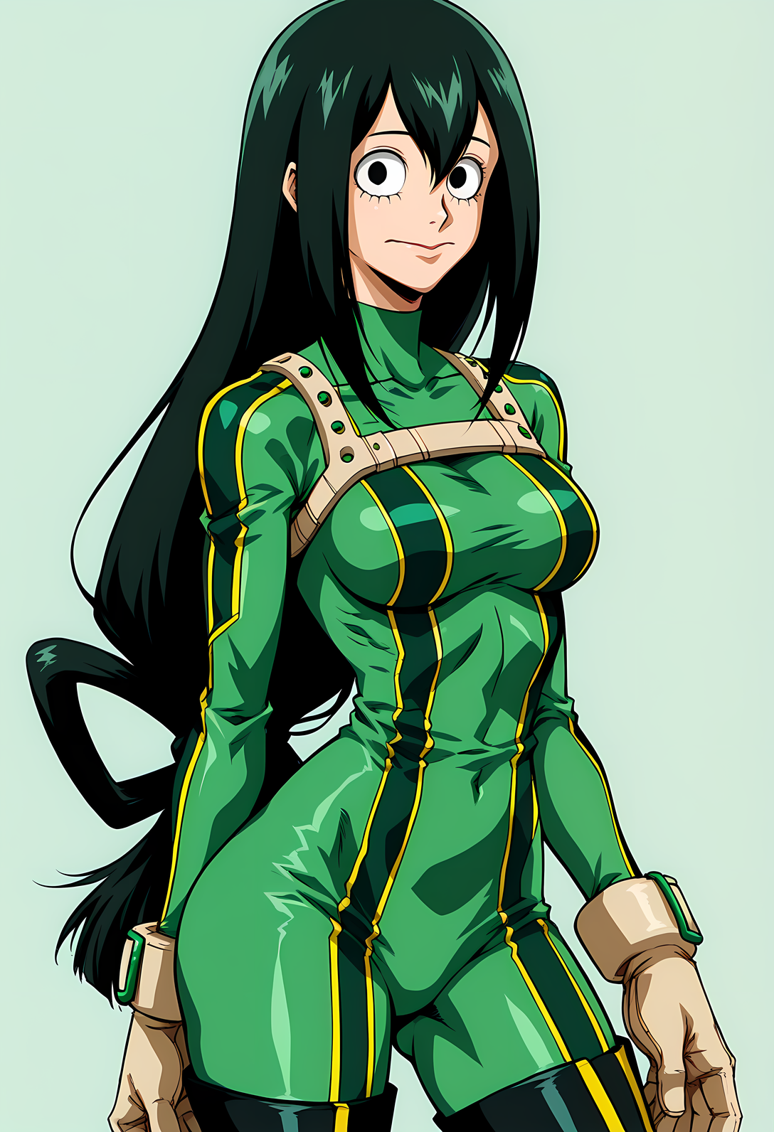 score_9, score_8_up, score_8,  BREAK
1girl, solo, portrait, 
 <lora:Vampire_Hunter_D_Bloodlust_Style:1> v4mpd, retro artstyle <lora:asui_tsuyu_pony:1> asui tsuyu, bodysuit, boku no hero academia, long hair, green hair, low-tied long hair, hair rings, thighhighs, black hair