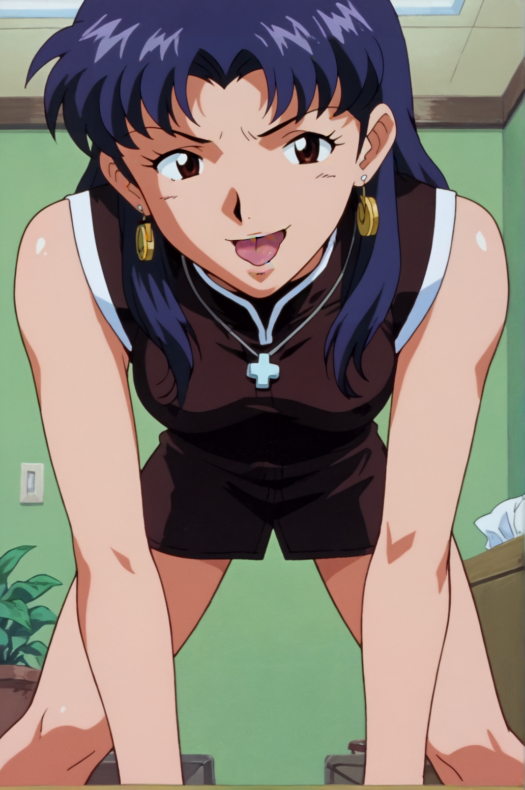 score_9, score_8_up, score_7_up,anime_source, source_anime, best background, detailed background, anime screencap,  misato katsuragi, Meet Dress, bent over, naughty face, horny, dynamic angle, indoors, cowboy shot, solo, legs apart, tongue out, <lora:JN_Misato_Katsuragi:0.8>