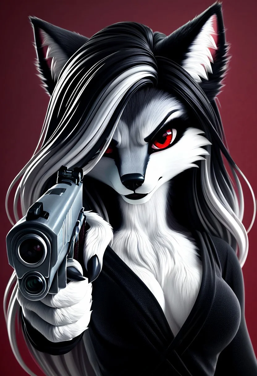 masterpiece, score_9_up, score_8_up, score_7_up, score_6_up, source_furry, (best quality:1.1), ultra-detailed, high resolution, solo, highly detailed macro illustration, solo, 1girl, Zirra, anthro, fox canine, female, black fluffy ears, white fluff in ears, black thin eyebrows, two-colored hair, black and white hair, (beautiful red eyes), long eyelashes, slim, athletic, hair over one eye, long hair, two-color fur, black fur, white fur, black animal nose, breasts, black lipstick, black top, silver necklace (evil face angry facial expression:1.2), frown BREAK indoors, blurred red background<lora:HandPointingAGunMeme_XLPD:0.8> holding weapon, handgun, holding gun, aiming at viewer, revolver, paws on trigger, black claws, highly visible, anatomically correct