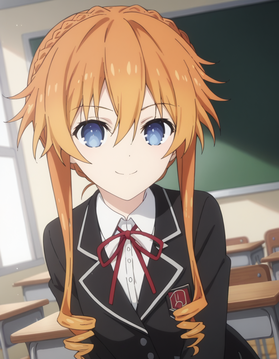 score_9, score_8_up, score_7_up, source_anime,
kaguyayuzuruyamai,  <lora:kaguya-yuzuru-yamai-s4s5-ponyxl-lora-nochekaiser:1>,
kaguya yuzuru yamai, blue eyes, hair between eyes, sidelocks, orange hair, drill hair, short hair with long locks, french braid, braid,
shirt, long sleeves, ribbon, school uniform, jacket, white shirt, collared shirt, red ribbon, black jacket, neck ribbon, blazer,
indoors, classroom, bent over, smile,
looking at viewer, solo, cowboy shot, dutch angle,
