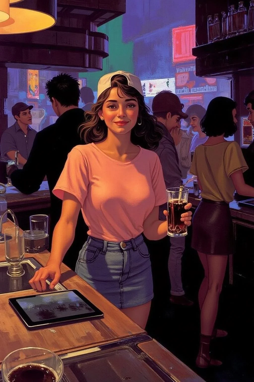 sydme1 painting
The air buzzes with the energy of a busy bar, a mix of music, conversation, and the clinking of glasses. A barmaid, the embodiment of youthful vibrancy, navigates the lively scene. She wears a peach-coloured T-shirt, the soft fabric contrasting with the smooth, cold glass of coke she carries on a small tablet. Her short skirt adds a playful touch, and a backwards baseball cap hints at a carefree attitude. The setting and atmosphere are palpable: the warm, slightly sticky surface of the bar counter under her fingertips, the dim, colourful lighting that casts playful shadows. Sensory details are abundant: the condensation forming on the glass of coke, the texture of her denim skirt, and the way the bar lights catch the highlights in her hair. Her confident stride, her quick smile, and her efficient movements. Stylistically, the image draws inspiration from the vibrant, candid shots of nightlife photographers, with a touch of the stylized realism found in contemporary illustration. There's a deliberate contrast between the barmaid's youthful energy and the slightly worn, lived-in atmosphere of the bar, creating a dynamic and engaging image. <lora:sydme6_cap_d6a3:1.0><lora:811007211519114403:0>