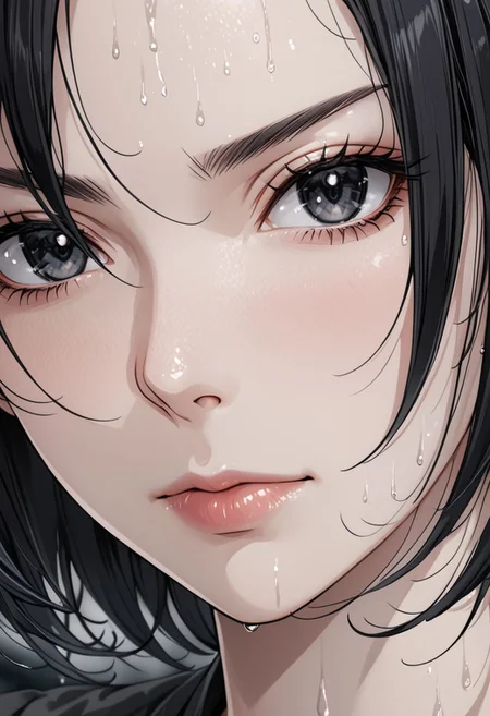 (anime, masterpiece, intricate:1.3), (best quality, hires textures, high detail:1.2), (4k),(incredibly detailed:1.4), perfect anatomy, graceful face, slim, big breasts, constricted waist, nice body, lips, arrogant look, villain, 1woman, evilish smile, high pointed nose, (nostrils:1.3), neatly 
UHD, 8K, ultra detailed, a cinematic photograph of HDR photo of Closeup photo of a beautiful natural 22-year-old woman, gray shirt soaked, pale skin,
black eyes, bob hair, black hair, evil look,