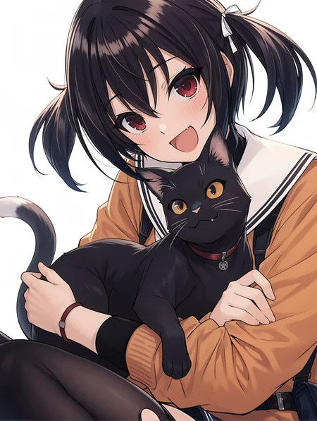 masterpiece,best quality,newest,
solo,1girl,
<lora:masukawa_uta_ilxl_v1.2>,uta,black hair,white hair ribbon,u_clothes,orange cardigan,black_thighhighs,loose_socks,
<lora:Fixhands_anime_bdsqlsz_V1:1>,cat,open mouth,smile,animal,:d,sitting,blush,black cat,simple background,white background,cat ears,looking_at_animal,holding_animal,upper_body,<lora:T_nari_ilxl_v2:1>,t_n_v2,
