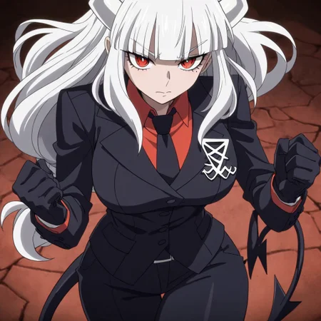 masterpiece, best quality, newest, absurdres, highres, KKSWHNS-Style-V1.0
1girl, lucifer \(helltaker\), black suit, red necktie, black collared shirt, black gloves, blunt bangs, demon horns, demon girl, demon tail, red eyes, white hair, long hair