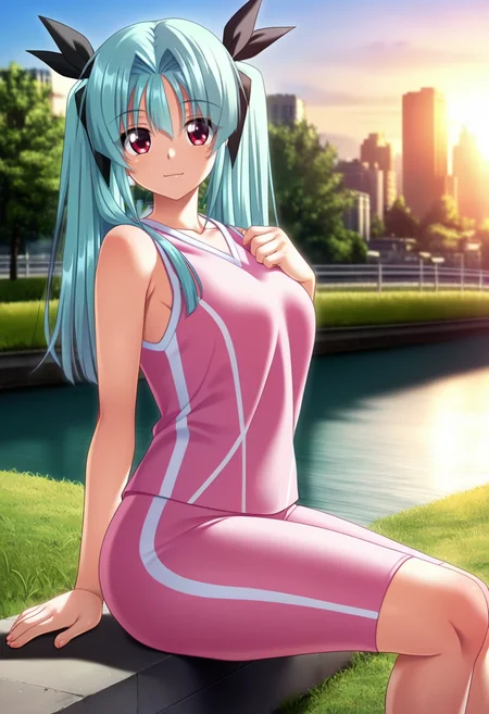 masterpiece, best quality, amazing quality,yume kominami, red eyes, blue hair, twintails, hair ribbon, ahoge, 1girl, solo,long hair, ribbon, sleeveless,pink sportswear,closed mouth, light smile, sitting, looking at viewer, blurry background, cityscape, bridge, grass, tree, riverbank<lora:yume kominamiV1:1>