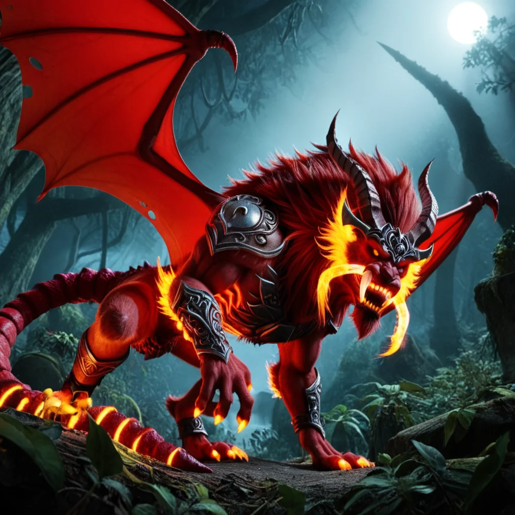 Legend of Zelda style Horror-themed <lora:manticores- sdxl1.0:1> mantik, manticore, red bat wings, ((scorpion sting)), bat wings spread wide, scorpion tail, prowling through an overgrown jungle, red-ruby fur with golden highlights, tail sweeping leaves aside, glowing red eyes, shafts of sunlight piercing the canopy, low-angle shot, vibrant natural tones, dynamic and predatory . Eerie, unsettling, dark, spooky, suspenseful, grim, highly detailed . Vibrant, fantasy, detailed, epic, heroic, reminiscent of The Legend of Zelda series