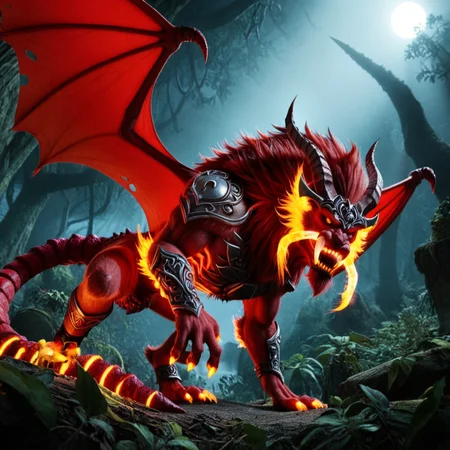 Legend of Zelda style Horror-themed <lora:manticores- sdxl1.0:1> mantik, manticore, red bat wings, ((scorpion sting)), bat wings spread wide, scorpion tail, prowling through an overgrown jungle, red-ruby fur with golden highlights, tail sweeping leaves aside, glowing red eyes, shafts of sunlight piercing the canopy, low-angle shot, vibrant natural tones, dynamic and predatory . Eerie, unsettling, dark, spooky, suspenseful, grim, highly detailed . Vibrant, fantasy, detailed, epic, heroic, reminiscent of The Legend of Zelda series
