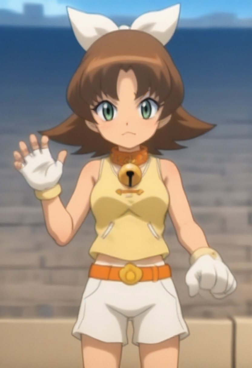 source_anime, anime screencap, source_anime, auratheguillotine, anime screencap, masterpiece, source_anime, shiny skin,,,,,,,,, bare shoulders,,, motti, brown hair, green eyes, nekoguchi, bell collar, orange collar, bangs, hair ribbon, white ribbon, medium hair, yellow tank top, tank top, exposed arms, sleeveless,, white shorts, orange belt, white boots, white gloves, one paw glove, one fingerless glove,