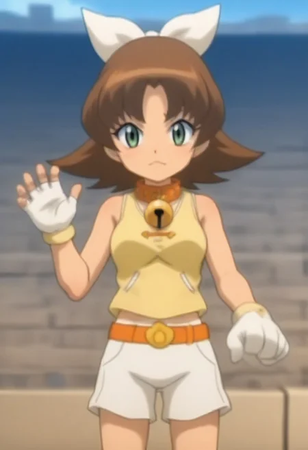 source_anime, anime screencap, source_anime, auratheguillotine, anime screencap, masterpiece, source_anime, shiny skin,,,,,,,,, bare shoulders,,, motti, brown hair, green eyes, nekoguchi, bell collar, orange collar, bangs, hair ribbon, white ribbon, medium hair, yellow tank top, tank top, exposed arms, sleeveless,, white shorts, orange belt, white boots, white gloves, one paw glove, one fingerless glove,
