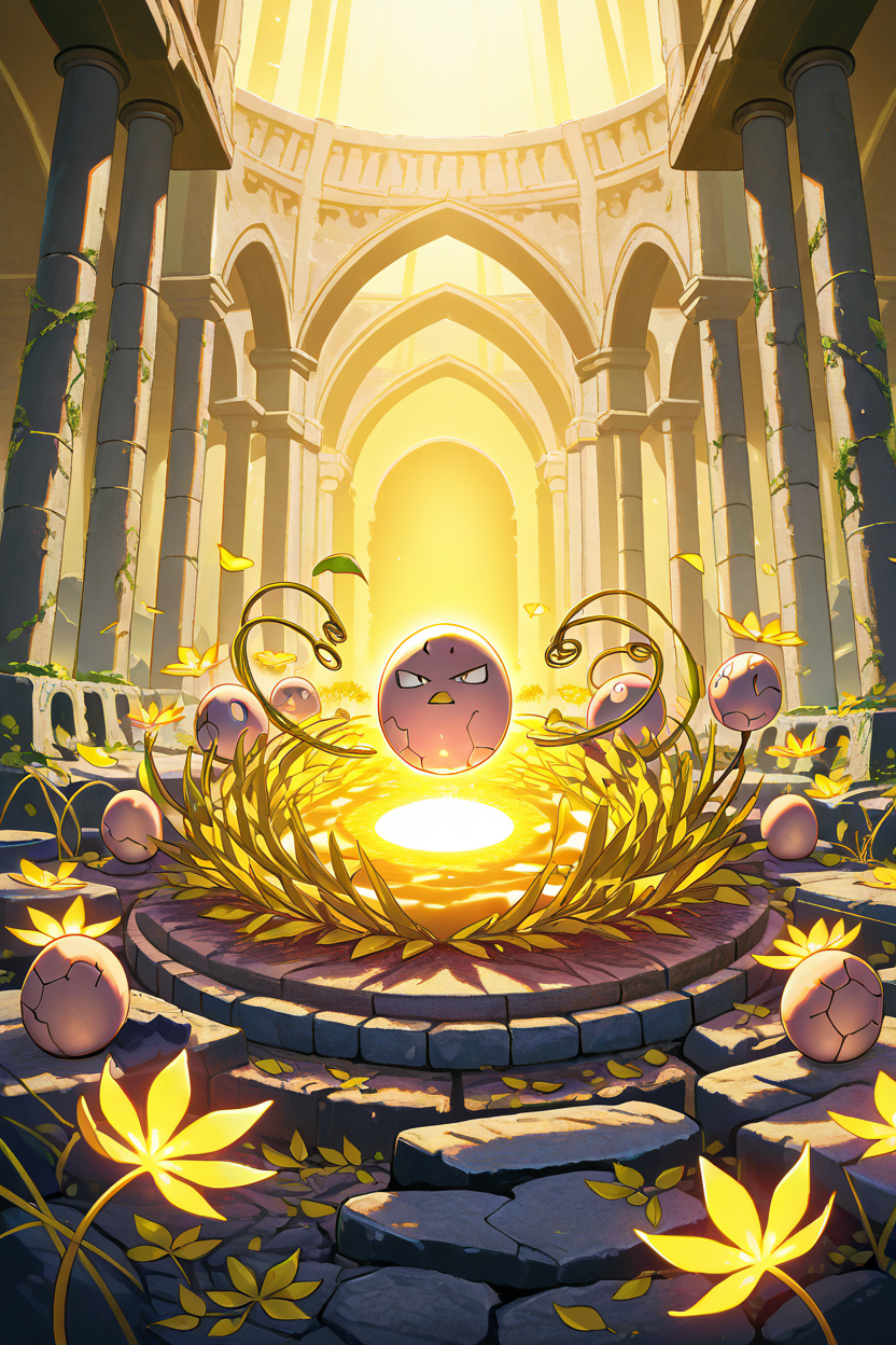 masterpiece, best quality,  zzExeggcute, no humans,   <lora:ExeggcutePokedexIXL:1.0>,  glowing with mystical energy, surrounded by swirling leaves and golden light, ancient stone ruins in the background, vibrant colors, magical atmosphere, cinematic lighting, highly detailed