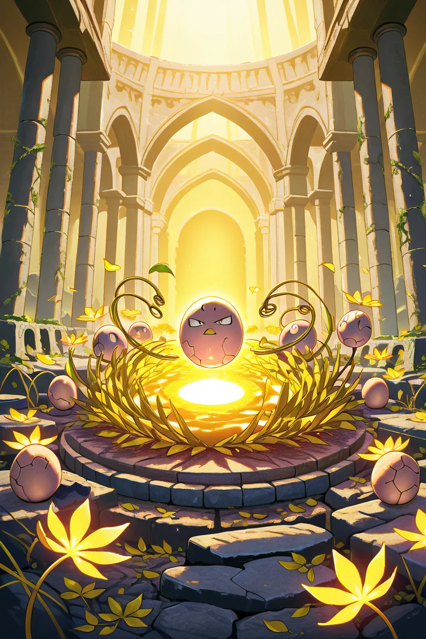 masterpiece, best quality, zzExeggcute, no humans, <lora:ExeggcutePokedexIXL:1.0>, glowing with mystical energy, surrounded by swirling leaves and golden light, ancient stone ruins in the background, vibrant colors, magical atmosphere, cinematic lighting, highly detailed