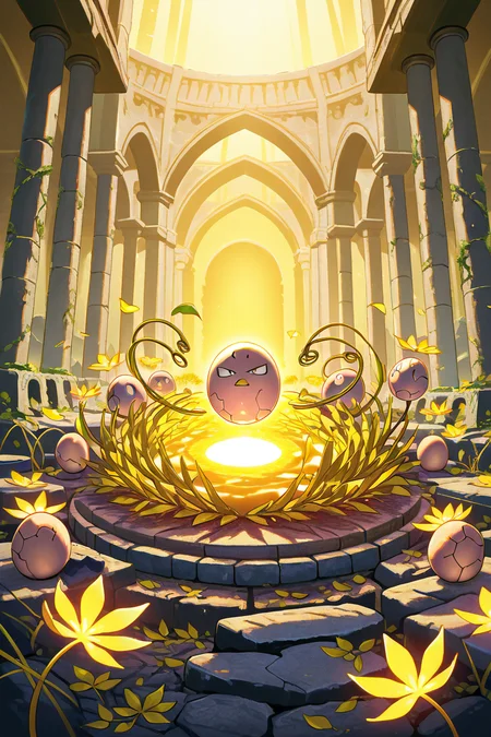 masterpiece, best quality,  zzExeggcute, no humans,   <lora:ExeggcutePokedexIXL:1.0>,  glowing with mystical energy, surrounded by swirling leaves and golden light, ancient stone ruins in the background, vibrant colors, magical atmosphere, cinematic lighting, highly detailed