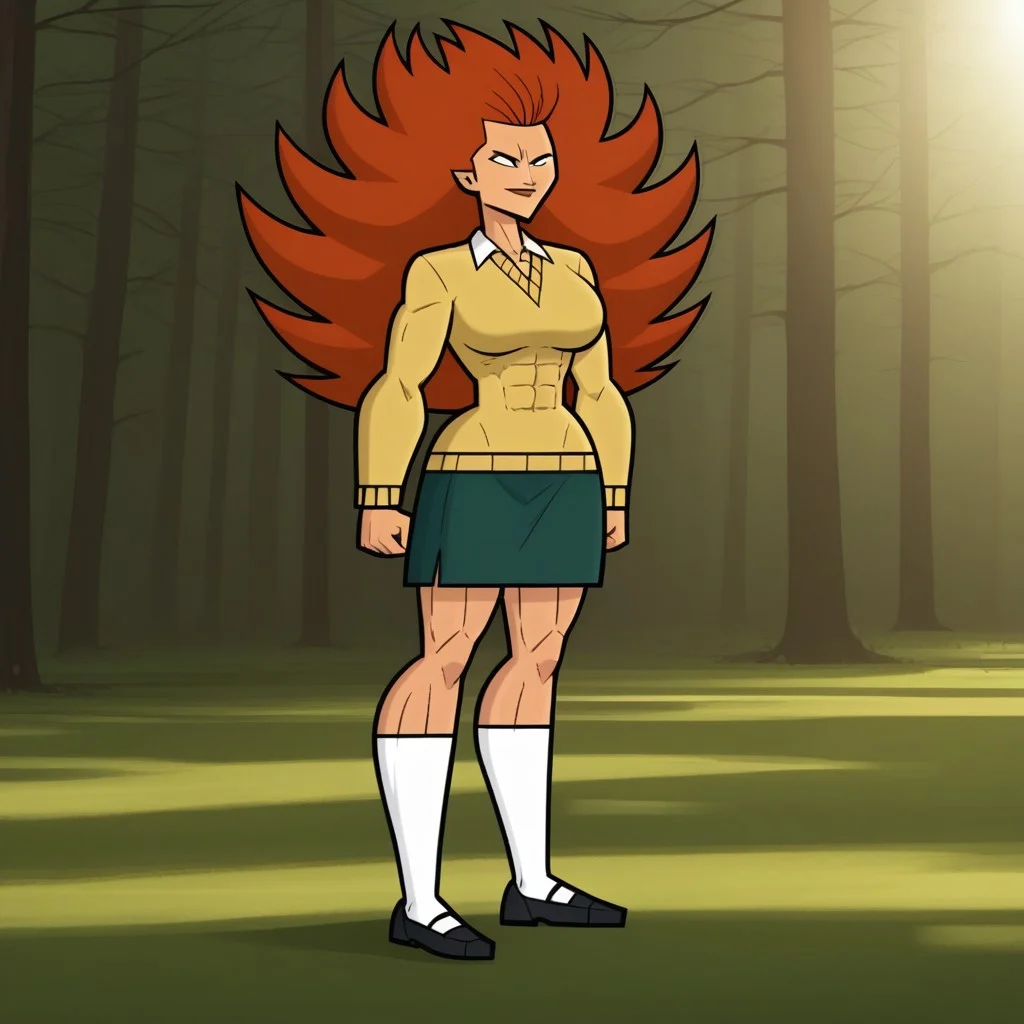 score_9, score_8, BREAK, solo, 1girl, yellow sweater, collared shirt, green skirt, white socks, black footwear, red hair, long hair, spiked hair, blank eyes, no pupils, muscular muscular female, abs, alternate muscle size, tall, big breasts, total drama, Evil_Scarlett_(Total_Drama), tdpi, legendary super saiyan, sexy pose, smile, outdoors, sunlight, shadows, evening lighting, natural lighting, forest, trees, grass, orange sky, sunset