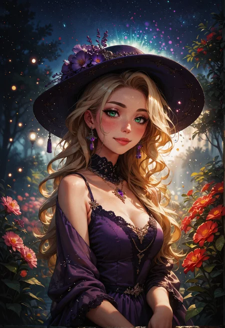 score_9, score_8_up, score_7_up, score_6_up, score_5_up, score_4_up,   1woman, (beautiful face, cute face, 18 years old), blonde, long straight hair, outdoors, plants, flowers, soft lighting, smiling, blush, looking at viewer,  green eyes, hands on chest, night, bokeh, moonlight, tan skin, standing, dusk, particles, looking at viewer from side  <lora:sdxl\Expressive_H-000001:0.6>, expressiveH <lora:sdxl\vixon_pony_gothic_neon:0.4> <lora:sdxl\incase_style_v3_ponyxl_ilff:0.3> <lora:sdxl\sinfully_stylish_SDXL:0.4> <lora:sdxl\wrenchrococodomepdxl-000007:0.8>, purple wrenchrococodome, purple gown, hat
