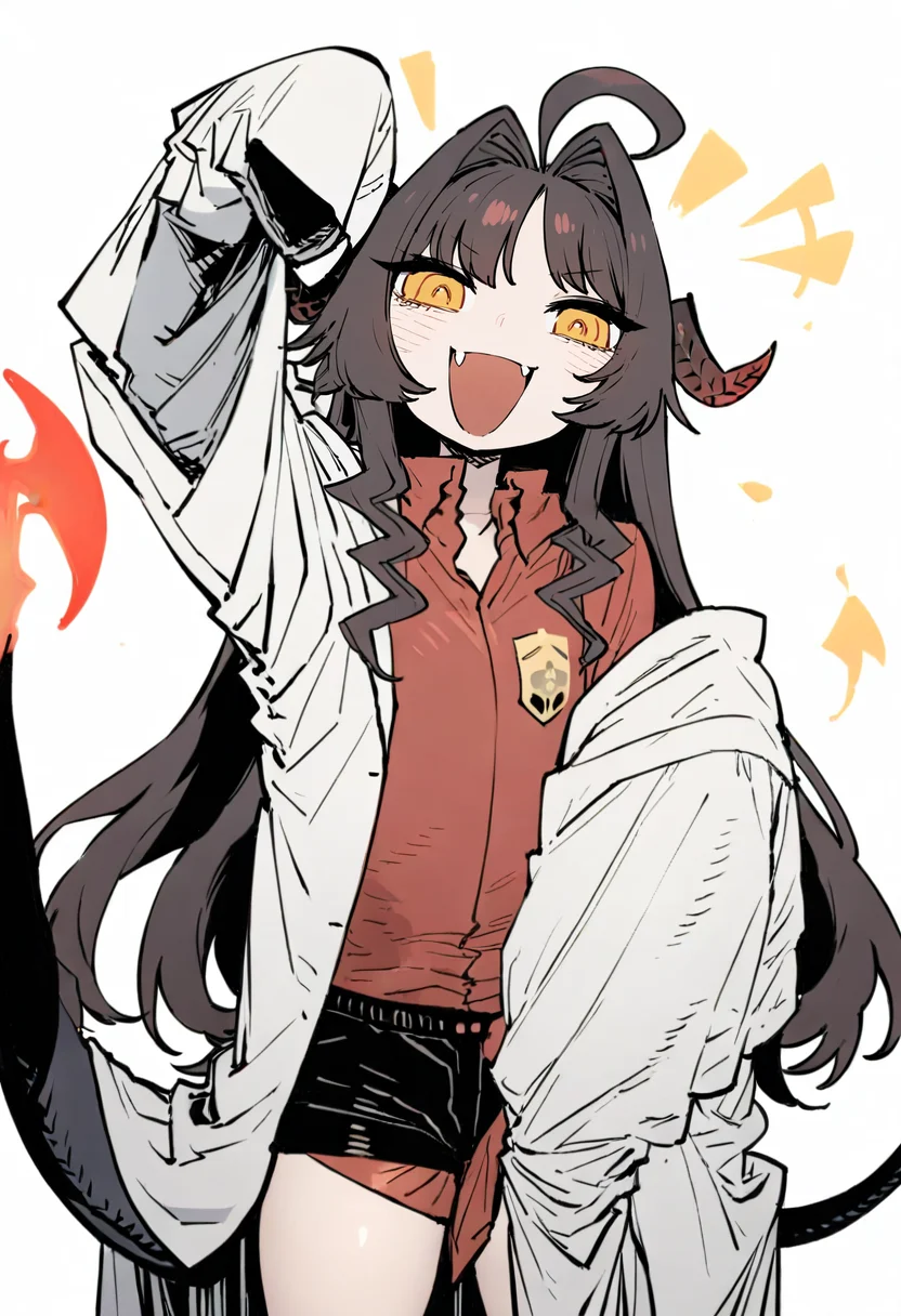 masterpiece, best quality,<lora:SSAMBAteaXL_ANI31_lokr_V53P1:0.95> 1girl, solo, horns, shirt, tail, long hair, red shirt, white background, shorts, simple background, open mouth, white coat, black shorts, smile, sleeves past fingers, yellow eyes, labcoat, ahoge, hair intakes, black hair, collared shirt, sleeves past wrists, demon tail, looking at viewer, coat, arm up, holding, fang, blush, demon horns, long sleeves, fire