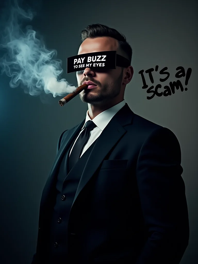 A mysterious man with black censorship bars covering his eyes, standing confidently in a dimly lit room. He's wearing a sleek suit and smoking a luxurious cigar, exuding an air of intrigue. Above his eyes, stylized text reads "PAY BUZZ TO SEE MY EYES" in a futuristic, glowing font. The smoke from his cigar swirls around him, creating an atmospheric effect. In the background, partially hidden in the shadows, a small, graffiti-style text says "It's a scam!" This creates a contrast between the man's alluring appearance and the hidden warning