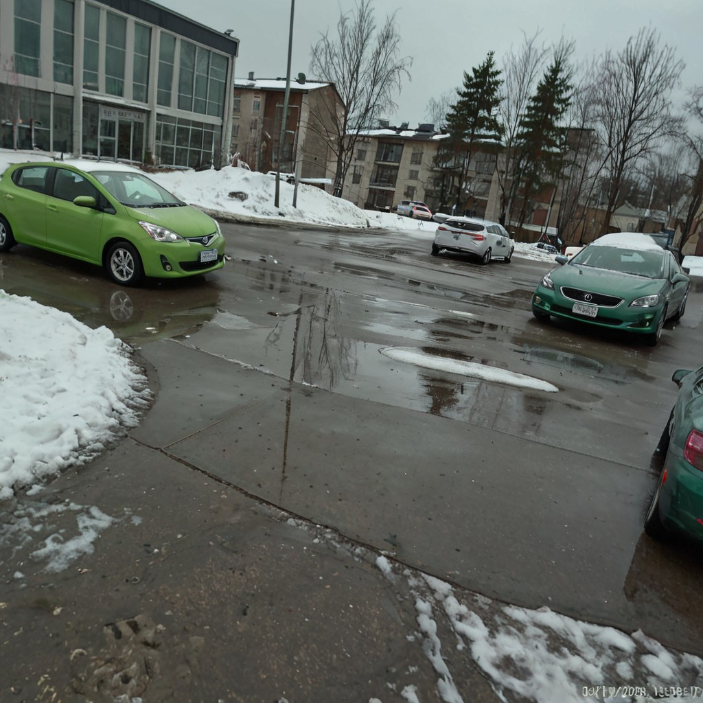 shit_cm_shot, photograph of a snowy parking lot, winter setting, overcast lighting, green compact car in foreground, partially frozen puddle, snow patches on ground, two more cars in background, urban environment, buildings with windows, trees without leaves, slight fisheye lens effect, rule of thirds composition, slight tilt angle, muted colors, cold atmosphere, no people, urban decay,