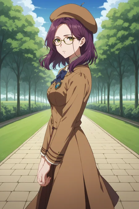 score_9, score_8_up, score_7_up, source_anime, 1girl, prefect lighting, very aesthetic, intricate details, highly detailed background, masterpiece, high quality, prefect hands, best quality, solo,
<lora:Amy_Bartlett_Violet_Evergarden_V1:.8>, kjoamy, purple hair, dark yellow eyes, green eyes, medium hair, parted bangs,
Brown school uniform, school badge, long brown skirt, glasses, beret,
expressionless, parted lips, own hands together, looking at viewer, from side,
sunny, park, sidewalk, stone floor, grass, tree, cloudy sky,
(Beautiful, medium Breasts:1.2), natural breasts,