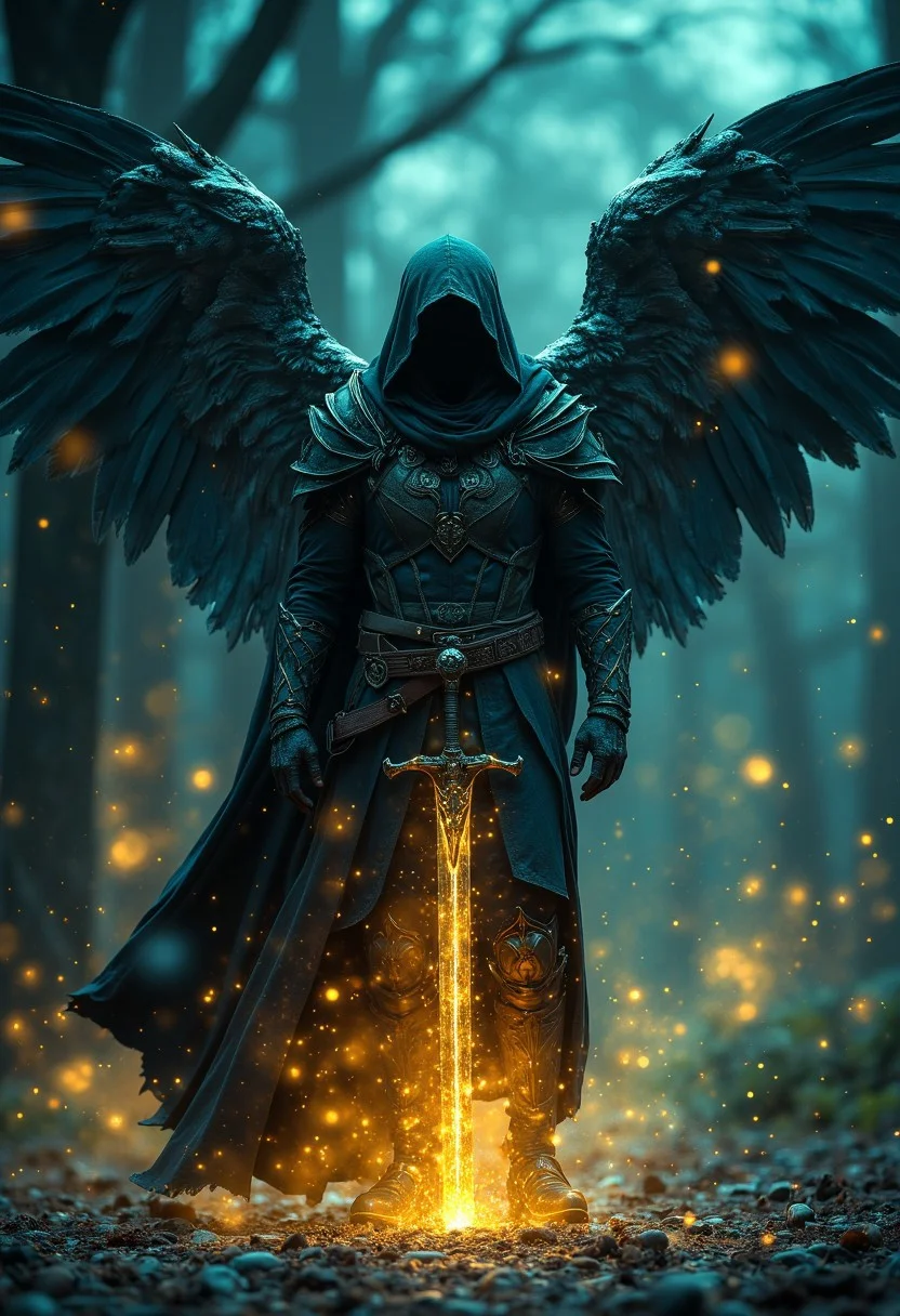 A captivating digital shot of a hooded, winged figure, cloaked in dark, ornate armor, standing solemnly amidst a swirling, ethereal dust of golden light. The mood is melancholic, powerful, and slightly otherworldly. The figure holds a glowing sword, emanating a sense of magic and movement. The deep depth of field and cinematic lighting emphasize the figure and sword, while the dark teal and gold color palette creates a vibrant and striking atmosphere. The rough texture of the ground and dark, atmospheric background further enhance the dark fantasy theme. This masterpiece, inspired by Greg Rutkowski and reminiscent of the Dark Souls art style, is rendered in high resolution with a vivid, dynamic visual impact.