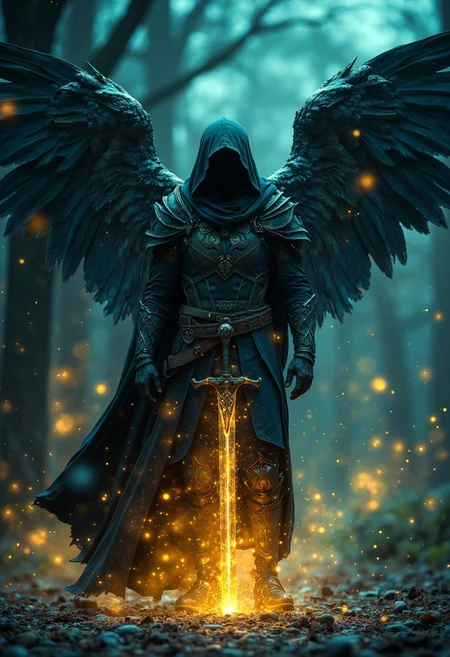 A captivating digital shot of a hooded, winged figure, cloaked in dark, ornate armor, standing solemnly amidst a swirling, ethereal dust of golden light. The mood is melancholic, powerful, and slightly otherworldly. The figure holds a glowing sword, emanating a sense of magic and movement. The deep depth of field and cinematic lighting emphasize the figure and sword, while the dark teal and gold color palette creates a vibrant and striking atmosphere. The rough texture of the ground and dark, atmospheric background further enhance the dark fantasy theme. This masterpiece, inspired by Greg Rutkowski and reminiscent of the Dark Souls art style, is rendered in high resolution with a vivid, dynamic visual impact.