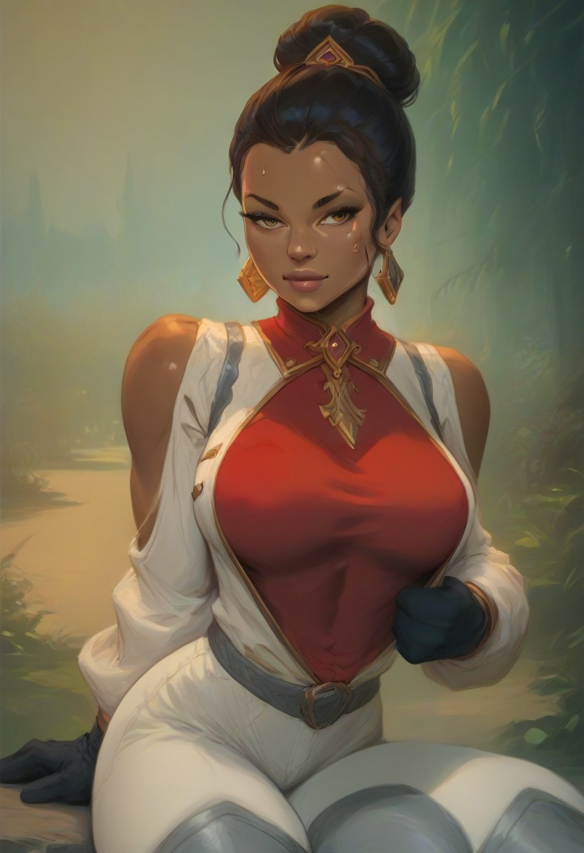(score_9, score_8_up, score_7_up), score_6_up, best quality, masterpiece, extreme detail, perfect lighting, 4k, 2d, rating_explicit, nsfw, very detailed, best quality, highly detailed texture, depth of field, masterpiece, BREAK, 1girl, ChelXLP, chel, majestic,beautiful bright pupils, black hair, ((ponytail)),green earrings, cute face, (gorgeous face:1.3), (skin detail:1.3), (shadows:1.3), (sweat, steamy, oily, shiny:1.3), ((( long hair, large breasts,perfect body, thick thighs,
single hair bun,crisscross leather halter top,red shirt,
white coat, clothing cutout, shoulder cutout, long sleeves, black gloves, white pants, grey footwear, thigh boots,
 fantasy, solo focus,epic, concept art, realistic, highly detailed, upper body, looking at viewer ))),dark skin, looking at the viewer, detailed, intricate details, realistic,((( top view))), tan skin,cowboy shot,csr style,g4n1m3,Sculpted grace