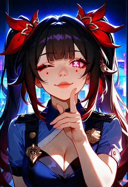 1girl, Sparkle Honkai Star Rail, glowing eyes, lips, thin lips, solo, mischievous smile, twin tails, erotic police uniform, cityscape in window, finger touching chin, one eye closed, body, back lighting, multicolored background, masterpiece, best quality, very aesthetic, absurdres, raytracing, ultra-detailed,