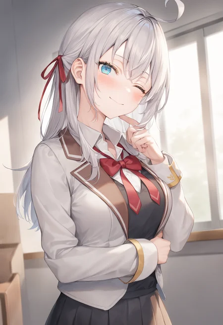 1girl, alisa mikhailovna kujou,tokidoki bosotto roshia-go de dereru tonari no arya-san,<lora:alisa_XL_v1:0.8>
solo, long hair, eyebrows visible through hair, hair between eyes, silver hair, hair ribbon, blue eyes, medium breasts, school uniform,long sleeves, jacket,
looking at viewer, upper body, dutch angle,closed mouth, one eye closed, light smile,
best quality, very aesthetic, absurdres,