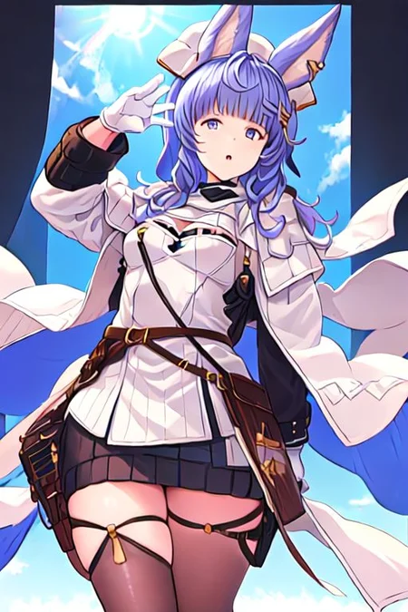 tikohdef, hair ornament, black thighhighs, white gloves, white headwear, white dress, cleavage, white panties, long sleeves