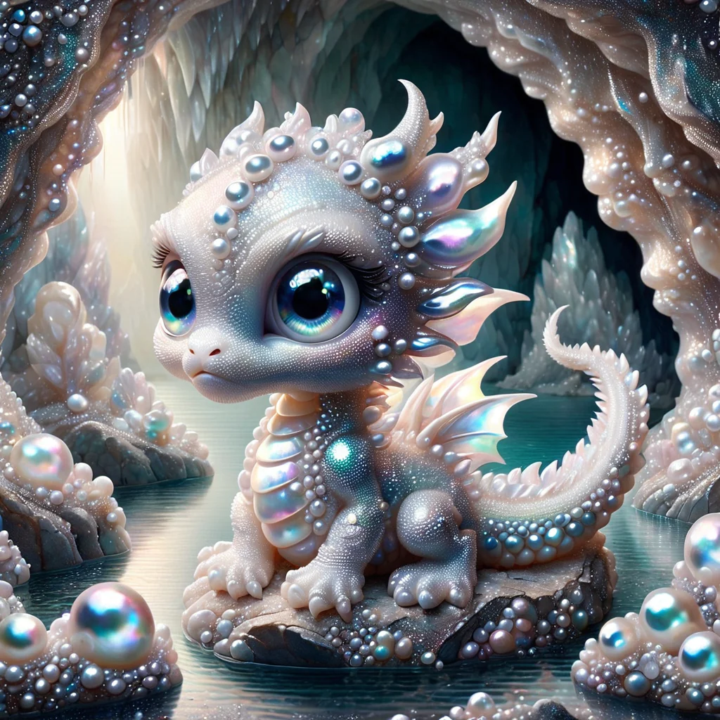 A baby dargon made out of Pearlum, in a Pearlum cave with a glittering lake, fantastical, whimsical, cute, big eyes <lora:Pearlum_World_Morph:1>