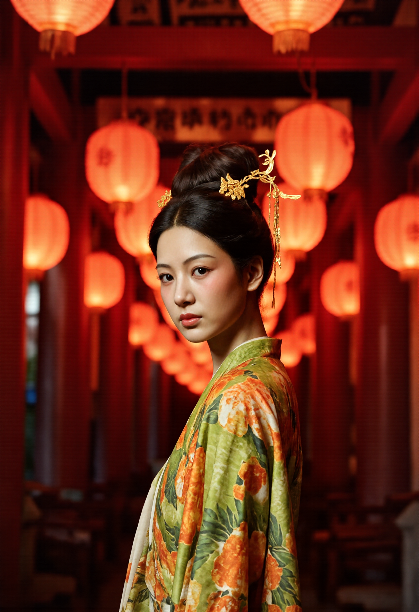 NyxBorne,LYZ, PRINCESS,,A photo-realistic shoot from a profile camera angle about a young woman in a traditional Hanfu attire standing in front of a backdrop of paper lanterns at night.    the image shows a woman in the middle of the image, who appears to be in her early twenties, with a slim body and a serious expression.    she is wearing a green and orange floral print dress with a matching shawl draped over her shoulders.    her hair is styled in an elegant updo with gold hair accessories.    the woman is standing in a temple-like setting with red pillars and paper lantern lights hanging from the ceiling, creating a warm and inviting atmosphere.    the lighting is soft and warm, casting gentle shadows on her face and body.,beautiful and aesthetic, vivid colors, cinematic color grading, landscape,,<lora:FLUX\style\NyxBorne IE.safetensors:0.5000000000000001:0.5000000000000001> <lora:FLUX\clothes\888_CNstyle_GSFH_Flux_V1.safetensors:1.0000000000000002:1.0000000000000002>