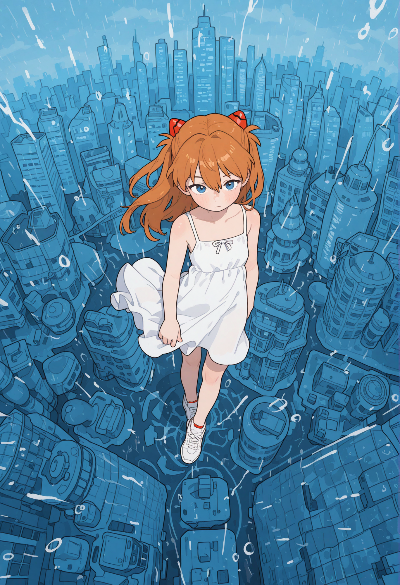 very awa, (flat color:0.9), (opossumachine:0.8), 1girl, souryuu asuka langley, white dress, day, cityscape, rain, from above, (symmetry:0.7), [masterpiece:0.15], [best quality:0.15], [newest:0.15], [absurdres:0.15],